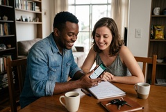 Casal sorridente consulta um aplicativo no smartphone juntos à mesa de casa, com caderno, chaves e cafés ao lado, num ambiente descontraído de planejamento financeiro.