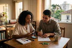 Casal analisa documentos e consulta o smartphone juntos à mesa de casa, com chaveiro do Brasil e caderno ao lado, num ambiente tipicamente brasileiro.