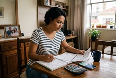 Mulher concentrada analisa documentos e faz anotações à mesa da sala, com calculadora e smartphone ao lado, num lar brasileiro com foto de família ao fundo.