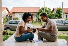 Casal sorridente consulta o smartphone sentado na varanda de casa, com chaves e caderno ao lado, num bairro residencial tranquilo ao fundo, sugerindo o planejamento da conquista do imóvel.