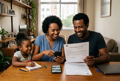 Família feliz comemora a conquista da Carta de Crédito do Consórcio em casa, com os pais sorrindo ao analisar o documento enquanto a filha pequena desenha ao lado.