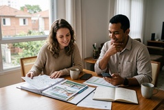 Casal sorridente folheia um catálogo de imóveis à mesa de casa, com smartphone e caderno de anotações ao lado, planejando a compra da casa própria com leveza e entusiasmo.
