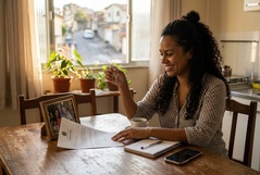 Mulher sorridente segura a chave da casa própria enquanto lê a Carta de Crédito sobre a mesa, celebrando sozinha a conquista do imóvel num momento cheio de emoção.