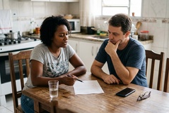 Casal conversa seriamente na cozinha de casa analisando um documento, com expressões pensativas que sugerem uma decisão financeira importante sendo avaliada com cuidado.