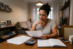 Uma mulher sentada à mesa, concentrada em analisar e anotar documentos financeiros. Ao seu redor, estão espalhados papéis, uma calculadora, um caderno e outros itens de trabalho.