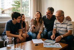 Família reunida e alegre no sofá celebra a conquista de um imóvel, com chaves, documentos e planta da casa sobre a mesa de centro.