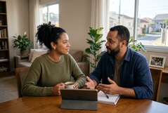 Casal consulta o smartphone juntos à mesa com cadernos e café Melitta e Nescafé ao lado, planejando as finanças num apartamento com vista urbana ao fundo.