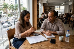 Homem e mulher sentados à mesa de um café conversando enquanto analisam planilhas financeiras e usam uma calculadora.