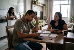 Casal enfrenta um momento de tensão financeira à mesa de casa, com o homem visivelmente preocupado diante de contas e documentos, enquanto a mulher busca uma solução pelo smartphone.