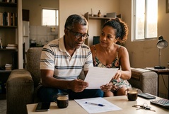 Casal mais maduro analisa um documento juntos no sofá de casa, com cafés e calculadora sobre a mesa, numa conversa séria e cuidadosa sobre finanças.
