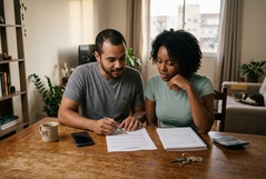 Casal analisa com atenção um contrato à mesa de casa, com calculadora, chaves e caderno ao lado, numa expressão de cautela antes de tomar uma decisão importante.