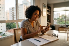 Mulher sorridente consulta o smartphone à mesa de casa com caderno de anotações à frente, num apartamento com ampla vista urbana de São Paulo ao fundo.