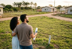 Casal abraçado observa um terreno em loteamento, com planta e smartphone em mãos, sonhando e planejando a construção da casa própria num bairro em desenvolvimento.