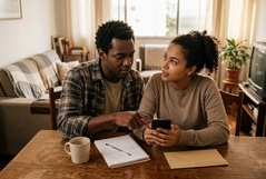 Casal conversa seriamente à mesa de casa consultando o smartphone, com caderno de anotações e café ao lado, discutindo uma decisão financeira importante.