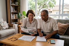 Casal maduro e sorridente analisa um folder de Consórcio de Imóveis na sala de casa, com planta baixa e anotações sobre a mesa, planejando o futuro com tranquilidade.
