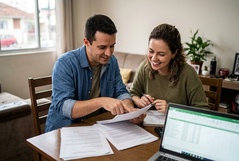 Casal alegre revisa documentos e planilha no laptop à mesa de casa, com expressões de satisfação que sugerem um planejamento financeiro com boas perspectivas.