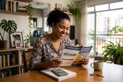 Mulher sorridente lê um folder de Consórcio de Imóveis à mesa de casa, com smartphone, caderno e chaves ao lado, num apartamento decorado com plantas e vista urbana ao fundo.