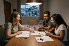 Família reunida à mesa à noite analisa documentos e consulta o smartphone, com chaves de carro e calculadora sobre a mesa, planejando juntos uma decisão financeira importante.