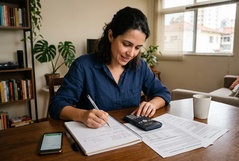 Mulher concentrada faz anotações e cálculos com documentos e calculadora sobre a mesa em casa, num ambiente tranquilo e organizado de planejamento financeiro.