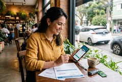 Mulher sorridente simula um consórcio de carro elétrico pelo smartphone numa cafeteria charmosa, com chaves de carro e documentos sobre a mesa e o veículo visível pela janela ao fundo.