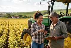 Jovem consultora e agricultor sorridente consultam o smartphone em meio a uma lavoura verde, com trator John Deere ao fundo, ilustrando tecnologia e modernização no campo brasileiro.