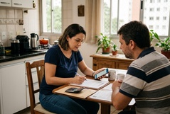 Casal analisa documentos com expressão séria na cozinha de casa, com calculadora e smartphone sobre a mesa, sugerindo uma decisão financeira delicada sendo discutida.