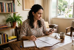 Mulher tranquila consulta o smartphone enquanto organiza documentos à mesa da sala, num apartamento aconchegante com estante de livros ao fundo e luz natural suave.