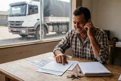 Caminhoneiro sorridente fala ao telefone enquanto analisa um Plano de Consórcio sobre a mesa, com um caminhão Mercedes visível pela janela ao fundo.