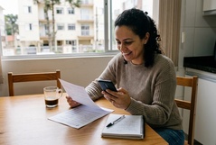 Mulher sorridente confere um documento enquanto usa o smartphone à mesa da cozinha, com café e caderno ao lado, num apartamento com vista urbana ao fundo.