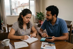Casal discute opções financeiras à mesa de casa, com ela anotando no caderno e ele consultando o smartphone, numa conversa atenta sobre planejamento e escolhas de investimento.