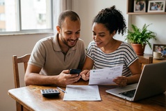 Casal sorridente confere a Carta de Crédito do consórcio junto ao smartphone e laptop, com calculadora sobre a mesa, celebrando a conquista num momento de alegria compartilhada.