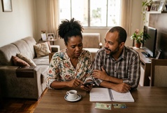 Casal consulta o smartphone com expressão preocupada na sala de casa, com documentos, caderno de anotações e dinheiro sobre a mesa, transmitindo tensão diante de uma situação financeira delicada.