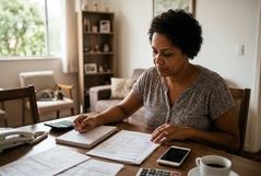 Mulher madura faz anotações e organiza contas à mesa da sala com calculadora e smartphone ao lado, num lar brasileiro aconchegante com estante ao fundo.