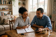Casal faz planejamento financeiro juntos à mesa da sala, com ela anotando no caderno e ele segurando a calculadora, num ambiente aconchegante e familiar brasileiro.