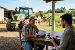 Agricultor analisa um documento com um consultor numa mesa rústica ao ar livre, com trator verde e paisagem rural ao fundo, sugerindo a negociação de um consórcio de máquinas agrícolas.