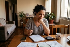 Mulher madura analisa contas e anotações com expressão pensativa à mesa da sala de casa, com calculadora e smartphone ao lado, refletindo sobre sua situação financeira.