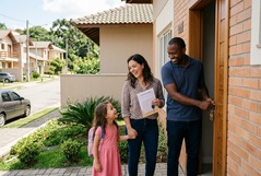 Família feliz abre a porta da casa própria pela primeira vez, com a mãe segurando o contrato de compra, enquanto a filha sorri animada no momento da conquista.