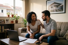Casal sorridente conversa no sofá com laptop e documentos à frente, num apartamento aconchegante com quadro de casa na parede, sugerindo o planejamento da conquista do imóvel próprio.