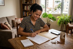 Mulher sorridente assina um contrato à mesa da sala de casa, com chaves e caderno ao lado, transmitindo satisfação e segurança no momento de formalizar uma conquista importante.