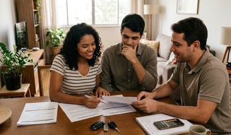 Três jovens analisam documentos de Plano de Consórcio sobre a mesa com chaves de carro e calculadora, numa conversa descontraída e focada em casa.