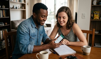 Casal sorridente consulta um aplicativo no smartphone juntos à mesa de casa, com caderno, chaves e cafés ao lado, num ambiente descontraído de planejamento financeiro.