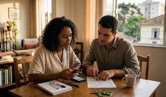 Casal analisa documentos e consulta o smartphone juntos à mesa de casa, com chaveiro do Brasil e caderno ao lado, num ambiente tipicamente brasileiro.