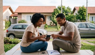 Casal sorridente consulta o smartphone sentado na varanda de casa, com chaves e caderno ao lado, num bairro residencial tranquilo ao fundo, sugerindo o planejamento da conquista do imóvel.