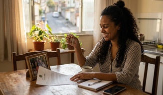 Mulher sorridente segura a chave da casa própria enquanto lê a Carta de Crédito sobre a mesa, celebrando sozinha a conquista do imóvel num momento cheio de emoção.