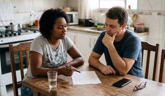 Casal conversa seriamente na cozinha de casa analisando um documento, com expressões pensativas que sugerem uma decisão financeira importante sendo avaliada com cuidado.