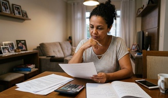 Uma mulher sentada à mesa, concentrada em analisar e anotar documentos financeiros. Ao seu redor, estão espalhados papéis, uma calculadora, um caderno e outros itens de trabalho.
