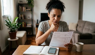 Mulher lê um documento com expressão séria e pensativa à mesa da sala, com caderno e smartphone ao lado, refletindo sobre uma situação financeira que exige atenção.