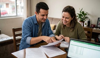 Casal alegre revisa documentos e planilha no laptop à mesa de casa, com expressões de satisfação que sugerem um planejamento financeiro com boas perspectivas.