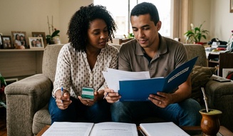 Casal analisa documentos e um contrato no sofá de casa, com fotos de família ao fundo, numa cena tipicamente brasileira de revisão cuidadosa antes de assinar um acordo importante.