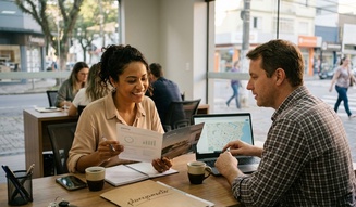 Casal analisa documentos e pesquisa no laptop num café com vista para a rua, com caderno de planejamento e chaves sobre a mesa, numa reunião descontraída sobre aquisição de imóvel.